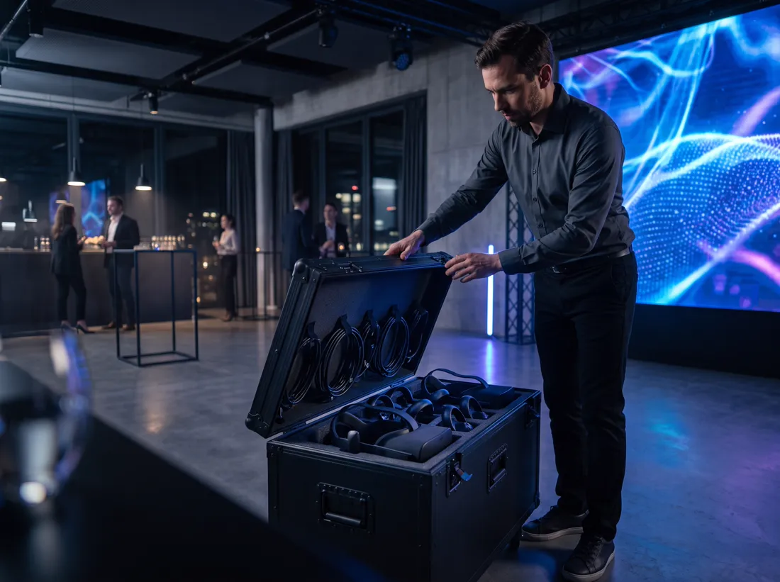 Un technicien FlashVR installe le matériel de réalité virtuelle sur place